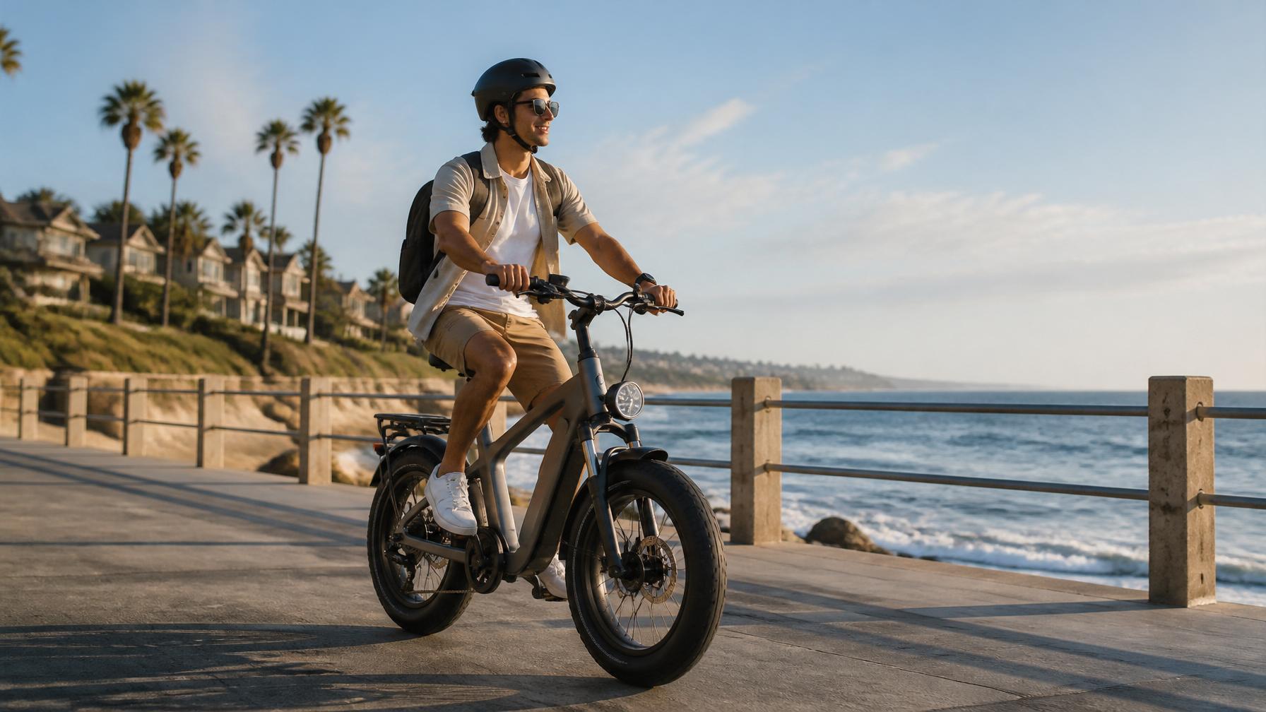 Urban commuter riding a Voltora city e-bike near the coast