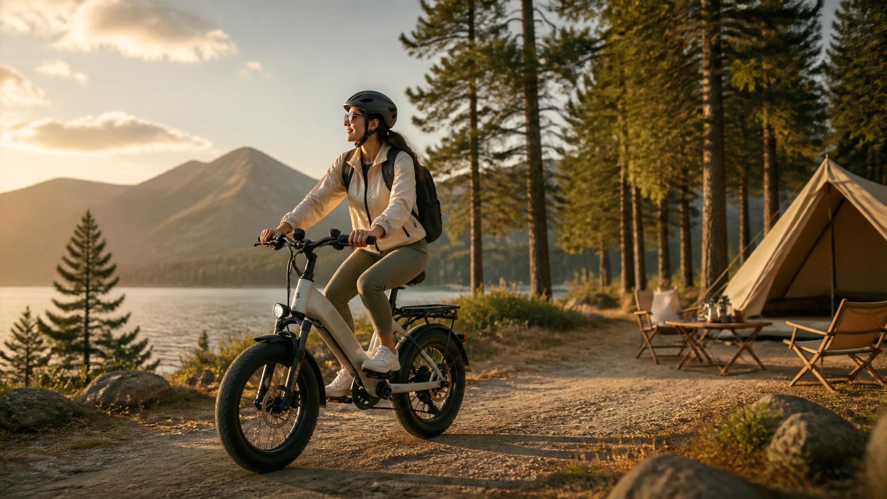 Trekking e-bike rider near a lake campsite